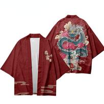 Vyriški japoniški anime samurajus kimono Dragon Print Cosplay Haori Moteriški megztiniai Yukata marškinėliai vasaros chalatas XS raudona