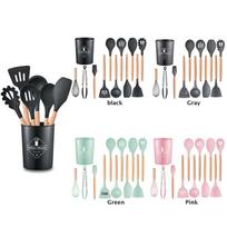 12-Piece Non-Stick Silicone Kitchen Utensil Set with Wooden Handles and Storage Bucket Wood Handle Set of 12 - 600g atsitiktinė spalva spalva