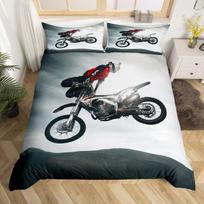 Dirt Bike Duvet Cover Set Extreme Sports Bedding Set Motocross Rider Comforter Cover Cool Motorbike Bedspread Cover Queen Size EU Single(135*200cm)3pcs