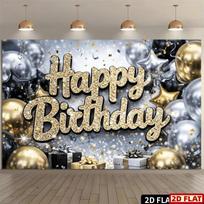 2D Black Gold Silver Happy Birthday Backdrop Party Photo Background Banner 47.2x31.5inch/120*80cm