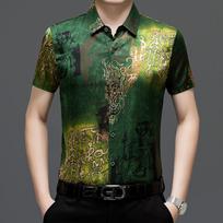 Men's Summer Hong Kong Style Loose Collar Top Men's Short Sleeved Shirt Men's Shirt 2XL žalia