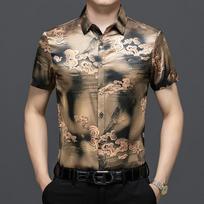 Men's Summer Hong Kong Style Loose Collar Top Men's Short Sleeved Shirt Men's Shirt 2XL geltona