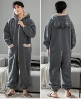 Men's Thickened Coral Fleece Onesie Pajamas - Winter/Autumn Flannel Homewear for Teens & Adults Large