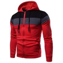 Men Autumn Patchwork Color Hoodie Coat Hooded Drawstring Long Sleeve Pockets Zipper Placket Sweatshirt Jacket Warm Casual Outwear M raudona