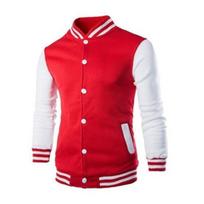 Men Fall Winter Jacket Stand Collar Color Matching Single-breasted Long Sleeve Striped Cardigan Pocket Slim Fit Mid Length Baseball Coat L raudona