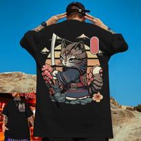 Men's Animal T-shirt 3d Japanese Samurai Cat Print S