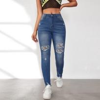 Spring new ripped leopard print patch slim and thin mid-waist washed small feet jeans women S mėlyna