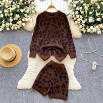Autumn Winter Women Casual Leopard Print Knitted Sweater Pant Two Piece Set Full Sleeve Pullover Tops and Elastic Waist Shorts Tracksuit One size ruda