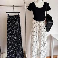 Womens Polka Dot Elastic Waist Wide Leg Pants S balta