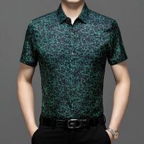 Men's Summer Hong Kong Style Loose Collar Top Men's Short Sleeved Shirt Men's Shirt 2XL žalia