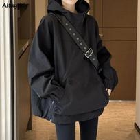 Ladies Hooded Jackets Diagonal Zipper Vintage Autumn Baggy Fashion Outdoor Leisure All-match Lady XXL juoda