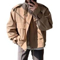 Men Windbreaker Lapel Long Sleeve Solid Color Jacket Zipper Placket Large Pockets Drawstring Hem Casual Outwear M chaki