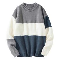 Fall Winter Men Sweater Knitted Colorblock Loose Round Neck Long Sleeve Thick Elastic Pullover Warm Mid Length Unisex Sweater 2XL pilka