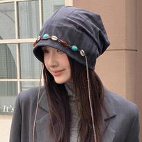 Beading Baggy Cap Bohemian Style Large Head Circumference Stacked Hat Polyester Keep Warm Pullover Hat for Women and Girl pilka
