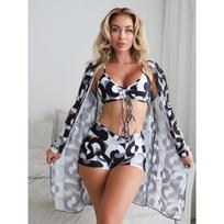 Three-piece swimsuit with flat-leg bikini for women, new style with split top and bow, fashionable beach and swimming outfit S juoda