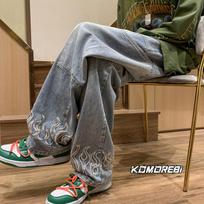 Y2K Vintage Flame Printed Jeans for Men Baggy Streetwear Wide Leg Denim Trousers Hip Hop Fashion Straight Pantalones S mėlyna