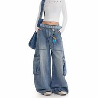 American Washed Old Three-dimensional Pocket Design Machete Jeans Men Women's Loose Casual Lazy All-matching Wide-leg Pants 3XL mėlyna