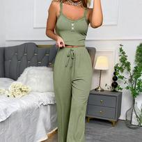 2025 Spring/Summer Lace Floral Pajama Set: Women's Sling Top & Long Pants Large garstyčių žalias spalva