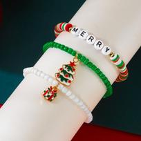 Delicate Christmas Bells Rainbow Pendant Bracelet for Women Cartoon Stockings Santa Claus Elk Bead Chain New Year Jewelry Set