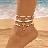 3pcs Summer Bohemian Polymer Clay Beaded Anklets Set for Women Starfish Shell Conch Stackable Anklets Foot Jewelry Accessory