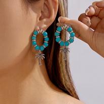 Vintage Hollow Enamel Coconut Tree Drop Earrings for Women Summer Blue Waves Pattern Earrings Aesthetic Party Jewelry Gifts