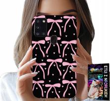 Etui Do Samsung Galaxy A21S - Czarno Różowe Wstążki Kokardki Wstążka