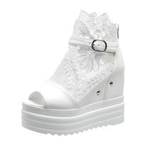 Pleišto Sandalai Moterims Vasariniai 12cm Storas Padas Muffin Žuvies Burnos Sandalai Kvėpuojantys Tinklelio Laisvalaikio Batai Platforminiai Sandalai Femme 34 balta