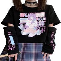 EMILYLE Moterims Merginoms Anime Atsitiktinio Stiliaus Drabužiai Kwaii Animacinis Marškinėliai Harajuku Stiliaus Gatvės Apranga S juoda