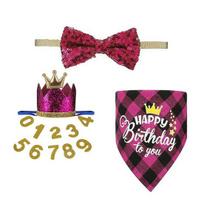 1 Set Pet Birthday Costume Dog Birthday Bandana Glitter Hat Age Numbers Sparkly Sequined Bow Tie Puppy Birthday Party Supplies for Dogs Cats rožinė raudona spalva