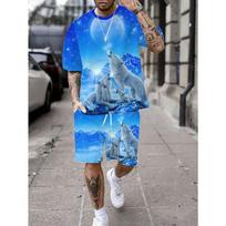 Men's Starry Sky Wolf Pack Print Short-Sleeved T-Shirt and Shorts Set S