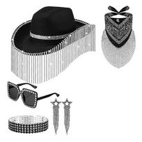 Funny Party Hats Pink Cowboy Hat Sunglasses, Bandanas,Earring,Bracelet 5Pcs Set Disco Party Costume Accessories 1 juoda