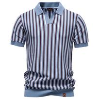 AIOPESON Vyriški dryžuoti polo marškinėliai su atverčiamu apykakle, ledo šilko, trumpomis rankovėmis, smart casual, vintažinis, old money, V formos iškirptė, megztas viršus EUR S 55-65kg šviesiai mėlyna spalva