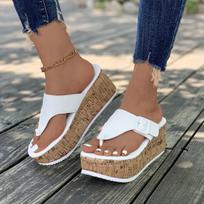 2023 Plus Size Wedge Heel Buckle Thong Flip-Flops - Solid Color Thick Sole Women's Slippers Size 40 balta