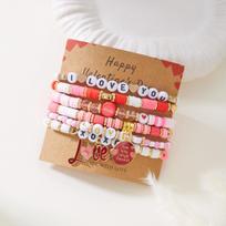 6Pcs/Set Romantic Love Heart Pendant Bracelets for Women Girls Cute Pink Soft Clay Beaded Bangles Valentine's Day Jewelry Gift