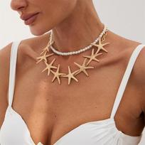 Large Starfish Imitation Pearl Choker Necklace for Women Boho Ocean Series Metal Chain Necklace Summer Beach Party Jewelry Gift
