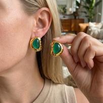 Vintage Stainless Steel Green Resin Irregular Stud Earrings For Women Men Minimalist Textured Geometric Earring Elegant Jewelry