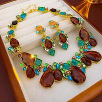 Luxury shiny brown Zircon water drop square necklace retro exaggerated design sense collarbone chain fashion women's banquet set ruda