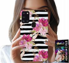 Etui Do Samsung Galaxy A21S - Kwiatki W Czarno - Białe Paski Wzory