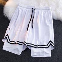 Vyriški dvigubo sluoksnio tinkliniai krepšinio šortai - Amerikietiško stiliaus, iki kelių, idealiai tinka treniruotėms, bėgimui ir fitnesui 2XL white