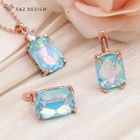 Fashion Colorful Rectangle Crystal Drop Earrings Jewelry Sets For Women Wedding Rose Gold Color Necklace beige