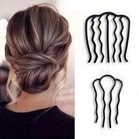 Vintage U-Shape Hair Comb Set 6-Piece- Black Plastic Hair Fork Clips with Teeth for Secure Updo Buns, Suitable for All Hair Types, Ages 14+ 6pcs