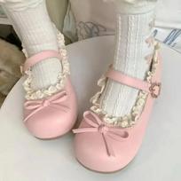 Sweet Lolita Best - Selling Brown Patent Leather Mary Jane Flats, Bowknot & Lace Trim, Ideal for Tea Party 35 rožinė