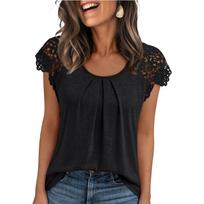 Women's Fashionable Casual Lace Sleeve Hollow Short Sleeved Round Neck T-Shirt Top L juoda