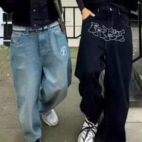 RogueWave Streetwear Y2K Hip Hop Retro Mėlyni Laisvi Džinsai Harajuku Džinsai Aukšto Liemens Laisvos Kelnės Su Siuvinėtu Užrašu S mėlyna