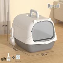 Extra Large Enclosed Anti-Spill Flip-Top Cat Litter Box with Deodorizing PP Material Litter Box pilka spalva