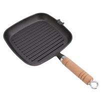 Kitchen Cookware Cast Iron Grill Pan Wooden Handle Square Steak Pan Black Durable Steak Griddle Indoor & Outdoor (as the picture,<15cm)