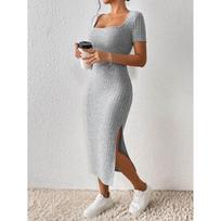 Summer new women's fashion square neck sexy slim slit hip wrap dress women's European and American soft glutinous XS šviesiai pilka spalva