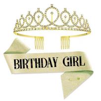 2Pcs/Set New Glitter Birthday Party Crown Sash Gold Bling Rhinestone Crystal Crown Silver Birthday Satin 18 21 30 40 50th