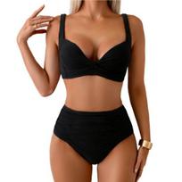 2 vnt./rinkinys Moteriškas bikini rinkinys Mazguotas dizainas Krūtinės pagalvėlės Be metalinių lankelių Liemenėlė Aukšto juosmens maudymosi kelnaitės Rinkinys Paplūdimio baseino atostogos Seksualus maudymosi kostiumas S juoda
