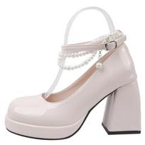 Super High Heels Mary Jane Shoes High Quality Patent Leather High Heels Single Shoes Pearls Chain Design Ankle Strap Lolita Shoe 35 smėlis